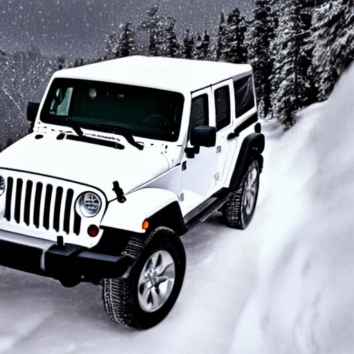 Image similar to white jeep wrangler driving up steep snowy mountain on edge of a cornice, high quality digital art, dramatic lighting, cinematic