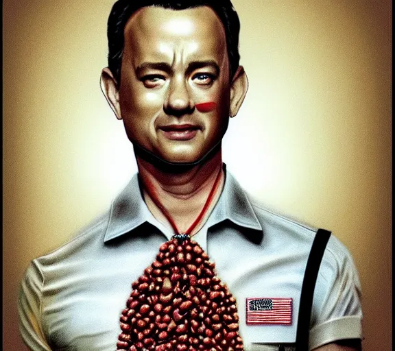 Image similar to Tom hanks as forrest gump wearing a necklace of shrimps around the neck, realistic face, digital art, in the style of Vitaly Samarin Alexiu, amazing detail, artstation