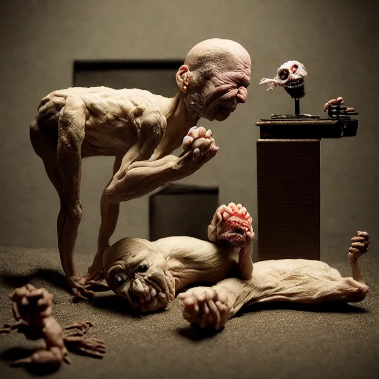 Image similar to laboratory miniature creature in pain and anger and revange by Christopher Soukup, David Fincher, Dan Witz, Gregory Crewdson, Huleeb, Lee Griggs, Mike Nash, Paul Chadeisson, Stephen Shore, sideshow collectibles, Terry Richardson, Vitaly Bulgarov