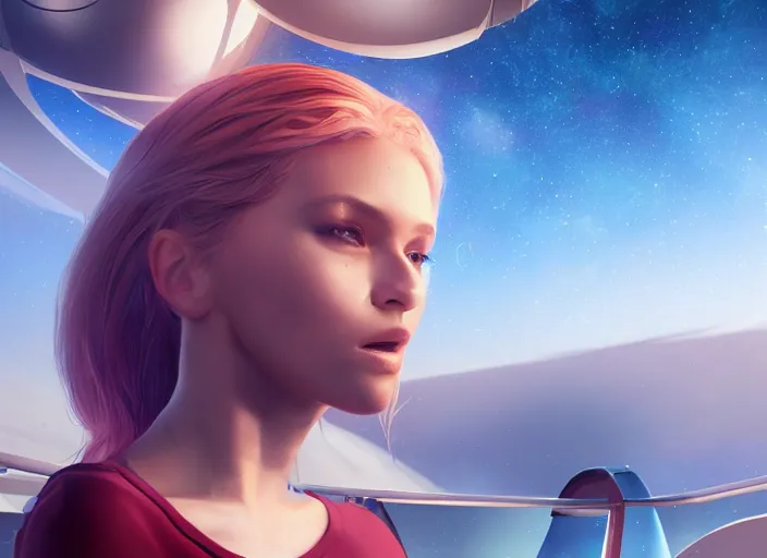 Image similar to a girl in a spaceship, beautiful girl model, detailed crop top, detailed torso, by artgerm, by wlop, octane render, spaceship window