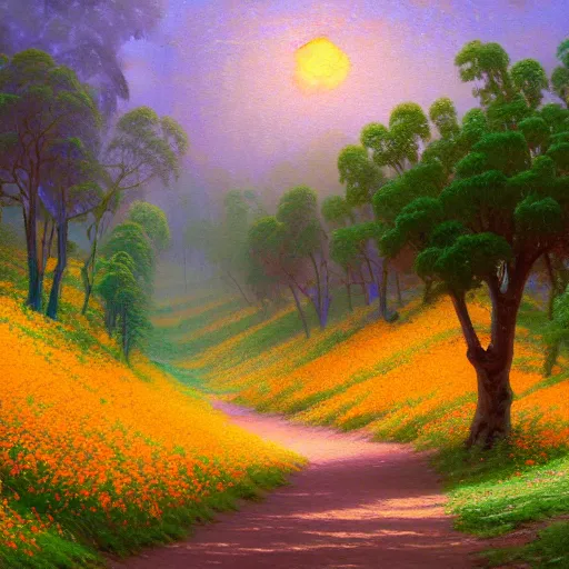 Prompt: a painting of a dirt road surrounded by eucalyptus trees and california golden poppies, violet woodland hill in the distance, violet sunset. an oil painting by thomas kinkade and peter mohrbacher, green orange violet triadic color palette, featured on deviantart, australian tonalism, pre - raphaelite, impressionism, detailed painting