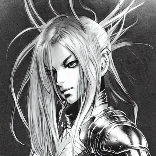 Image similar to character portrait of a girl with wavy white hair and black eyes in the style of yoshitaka amano drawn by alex maleev, highly detailed, elden ring armor