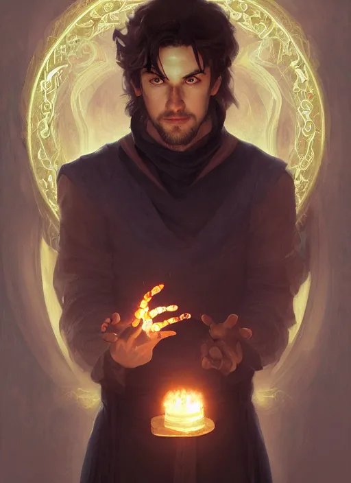 Prompt: character concept portrait of an attractive young focused Spanish wizard with pale orange skin conjuring an burning spell, a floating iridescent spell book in the center, intricate, elegant, digital painting, concept art, smooth, sharp focus, illustration, from Metal Gear, by Ruan Jia and Mandy Jurgens and William-Adolphe Bouguereau, Artgerm