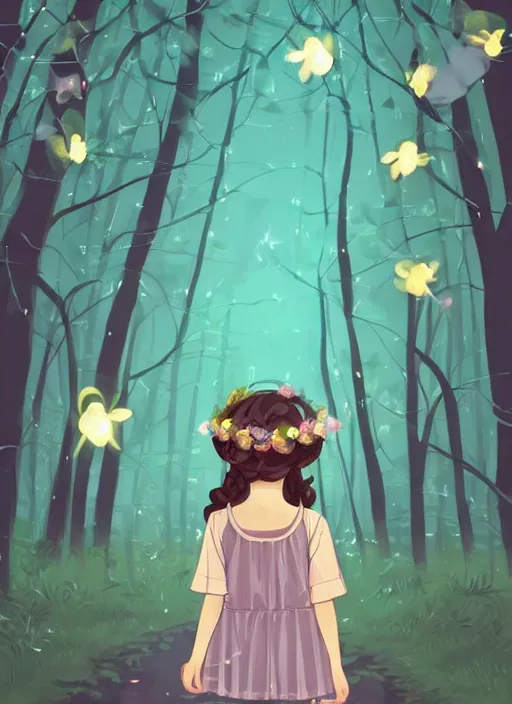 Image similar to little girl with wavy curly light brown hair. wearing a flower crown and chasing fireflies in the woods. clean cel shaded vector art. shutterstock. behance hd by lois van baarle, artgerm, helen huang, by makoto shinkai and ilya kuvshinov, rossdraws, illustration, art by ilya kuvshinov