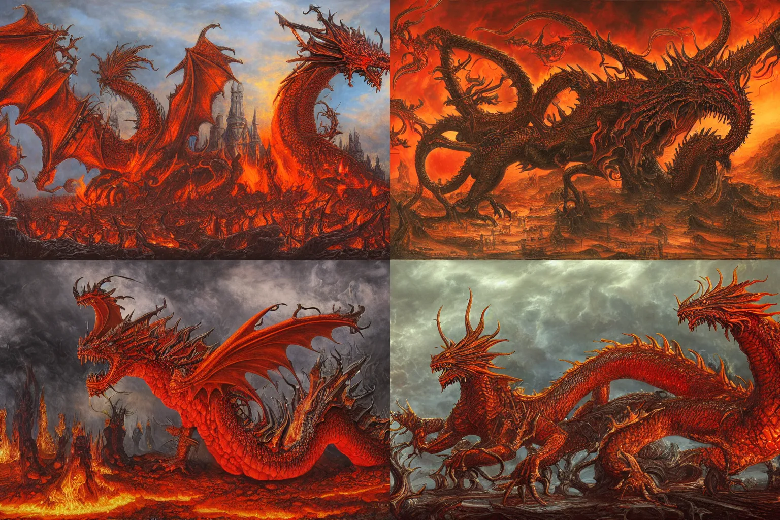 Prompt: a great fiery red dragon with 7 heads wearing crowns, and ten horns, detailed matte painting by Mariusz Lewandowski, Giger and Jacek Yerka