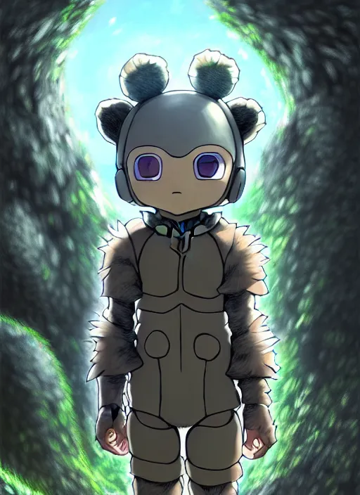 Image similar to beautiful little boy wearing an cyborg bear suit, artwork in kentaro miura and made in abyss and rosdraws, smooth, beautiful lightness, anatomically correct, trending on pixiv, forest