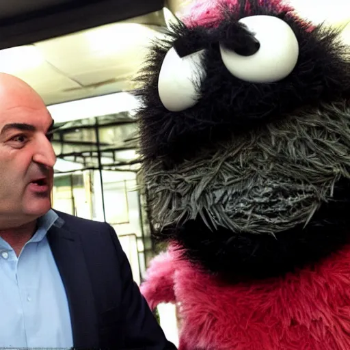 Prompt: lebanese Kevin O'leary talking with cookie monster, in a café