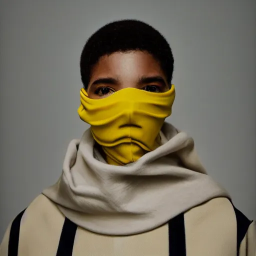 Prompt: realistic photoshooting for a new balenciaga lookbook, color film photography, portrait of a beautiful woman, model is wearing a balaclava mask, in style of tyler mitchell, 3 5 mm,