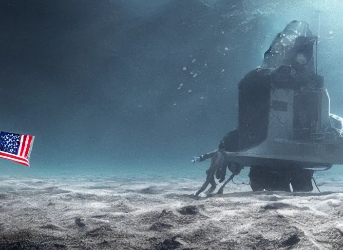 Prompt: astronaut underwater putting a flag in the sand of the bottom of the ocean. a submarine is visible in the distance. dark, concept art, cinematic, dramatic, atmospheric, 8 k, trending on artstation, low visibility, fog, ocean floor, christopher nolan, interstellar