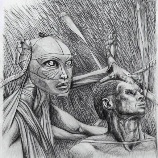 Image similar to The mummy touches the warrior's head , in jungle, pencil drawing