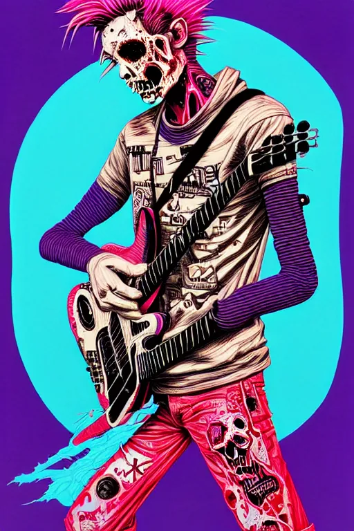 Image similar to risograph of a punk zombie playing guitar, tristan eaton, victo ngai, artgerm, rhads, ross draws, intricated details