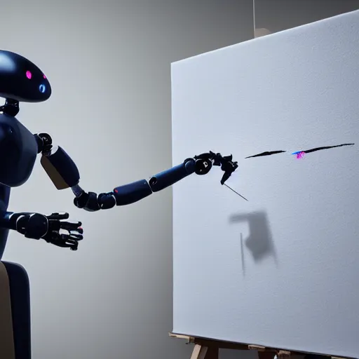 Image similar to photo of a minimalist robot painting a canvas, beautiful lighting, sharp, details, hyper-detailed, HD, HDR, 4K, 8K