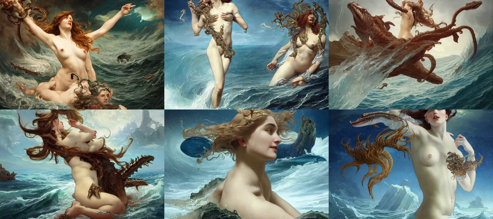 Prompt: Classical painting of Andromeda being eaten by several big dark sea monsters. She is already nearly devoured by the enormous mouths of the sea monsters. Elegant, intricate, digital painting, artstation, concept art, smooth, sharp focus, illustration, art by artgerm and greg rutkowski and alphonse mucha