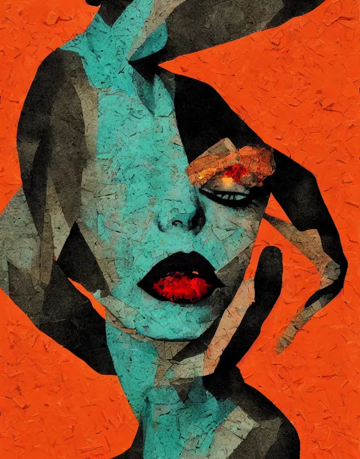 Prompt: languid temptation. minimalistic paper collage with canvas texture in style of contemporary art, punk art, realistic face, expressionism, masterpiece, perfect composition, photorealistic beautiful face, spectacular quality, intricate details, shattered glass textures, orange, red, cyan, green, black