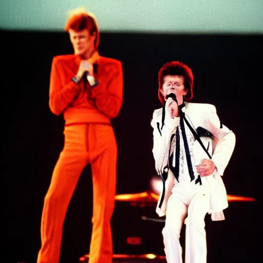 Prompt: David Bowie performs to 1 person in a stadium 1985