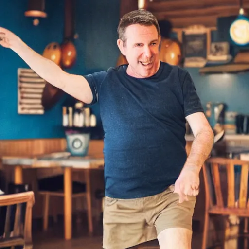 Image similar to a middle aged irish / english man with brown hair, red cheeks, clean shaven, and wearing shorts and a dark blue t - shirt, dancing animatedly like a chicken in the kitchen. he has brown medium hair