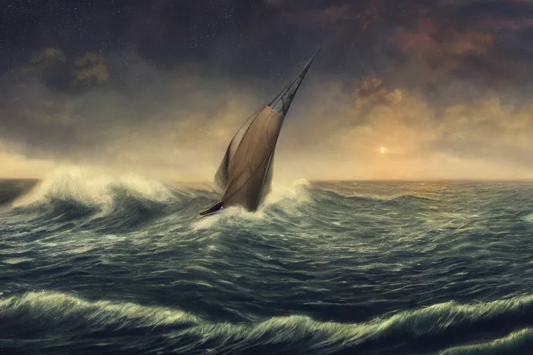 Image similar to a real photographic landscape painting with incomparable reality, super wide, ominous sky, sailing boat, wooden boat, lotus, huge waves, starry night, harry potter, volumetric lighting, clearing, realistic, james gurney, artstation