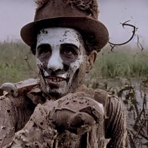 Image similar to cinematic still of charlie chaplin, covered in mud and watching a predator in a swamp in 1 9 8 7 movie predator, hd, 4 k