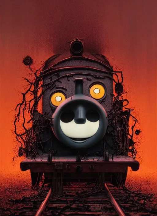 Image similar to thomas the tank engine in style of zdzisław beksinski, extremely dramatic lighting, 8 k, tendrils, black, darkness, black slime tendrils, infected, rust, body horror, thomas the train, thomas the tank engine face, horror,