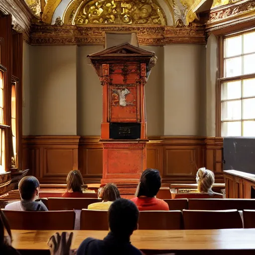 Prompt: an orange cat behind a lectern teaching inside an old and ornate classroom teaching a room full of philosophy students