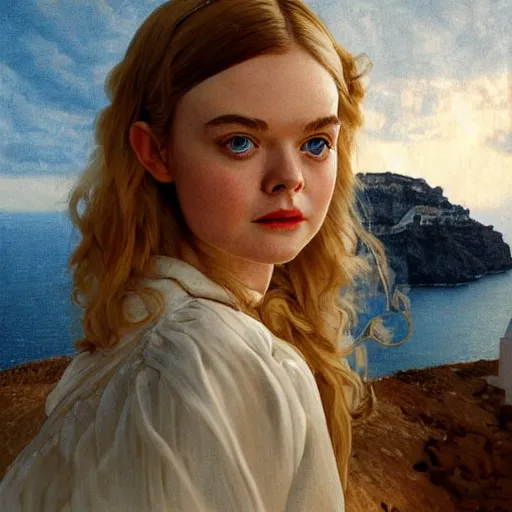 Prompt: Elle Fanning in Santorini at night, head and shoulders portrait, stormy weather, extremely detailed masterpiece, Roger Deakin’s cinematography, illustration, by Norman Rockwell,