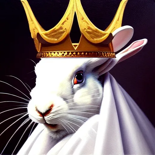 Image similar to “ an oil painting portrait of an evil white hare wearing medieval royal robe and an ornate crown on a dark background ” digital art, concept art, highly detailed, 3 - d 4 k, trending on art station, award winning, mark brooks,