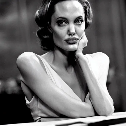 Image similar to Angelina Jolie, blonde, in Witness for the Prosecution (1957).