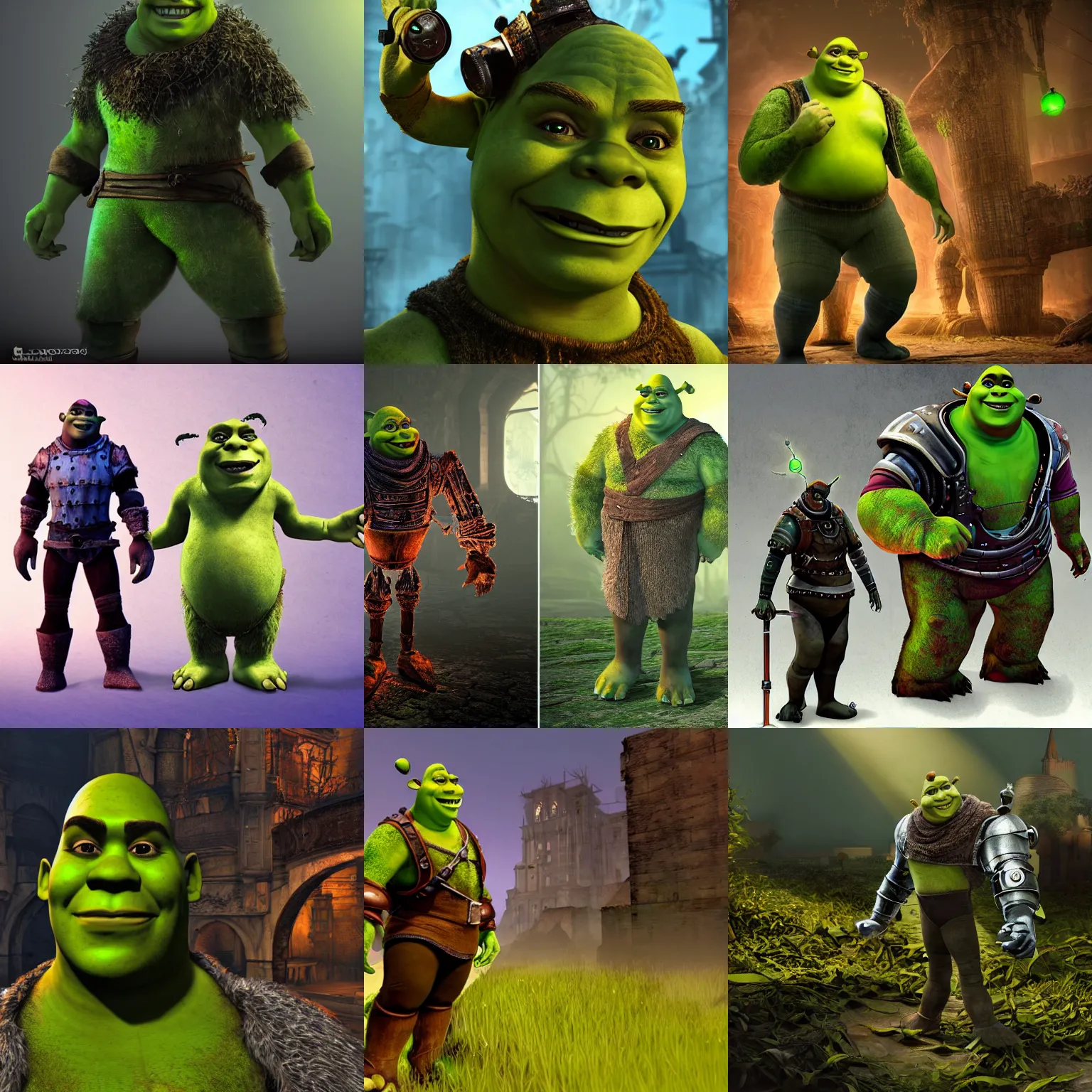 Prompt: a Shrek-like cyborg, solarpunk,decay,darksouls,epic lighting