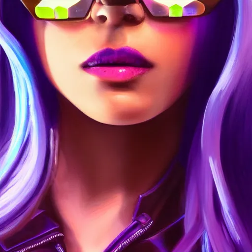 Image similar to closeup painting of a very beautiful young mexican cyberpunk woman with a smirk, wearing light blue shades and a purple leather jacket collar, one side haircut, long brown hair with light blue ends, portrait, hyperdetailed, artstation, cgsociety, 8 k, synthwave by tangerine dream