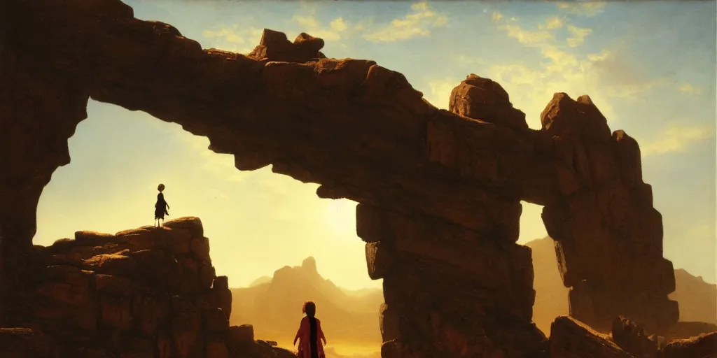 Image similar to a young girl stands next to a rock giant, shadow of the colossus, in front of a temple, in a large desert cave, dramatic lighting, hudson river school