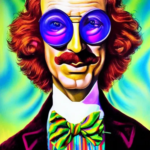 Image similar to an extremely psychedelic portrait of willy wonka as salvador dali, surreal, lsd, face, detailed, intricate, elegant, lithe, highly detailed, digital painting, artstation, concept art, smooth, sharp focus, illustration,