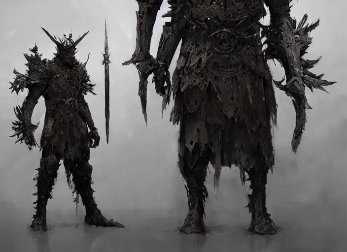 Image similar to cruxible knight concept, clad in tree bark ornamented armor, beksinski, ruan jia, dark soul concept art, infinity blade armor