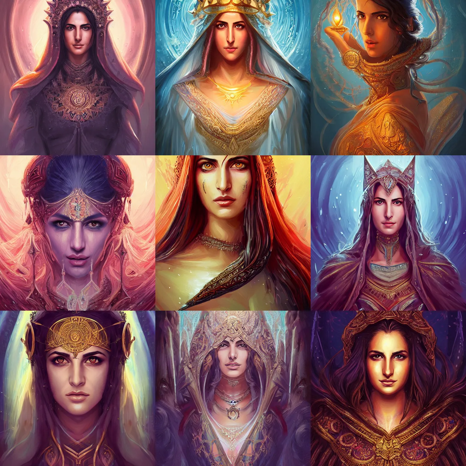 Prompt: head-on centered symmetrical painted portrait, Katrina Kaif as a D&D Storm Mage, intricate fantasy robes, fantasy, intricate, elegant, highly detailed, digital painting, smooth, sharp focus, illustration, dramatic lighting, artstation, in the style of Artgerm and Anna Podedworna