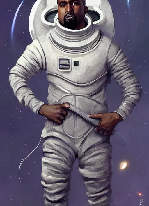 Prompt: painted full body portrait of kanye west as a magicpunk futuristic medieval astronaut by greg rutkowski, he is about 3 0 years old, short blond hair, athletic and strong, straight jaw, wearing futuristic space gear, highly detailed portrait, digital painting, artstation, concept art, smooth, sharp foccus ilustration, artstation hq.