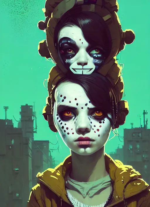 Image similar to highly detailed portrait of a sewer punk young lady with white graffiti face paint by atey ghailan, james gilleard, by joe fenton, by greg rutkowski, by greg tocchini, by kaethe butcher, 4 k resolution, gradient yellow, black, brown and cyan color scheme, grunge aesthetic!!! ( ( dystopian graffiti tag wall in background ) )