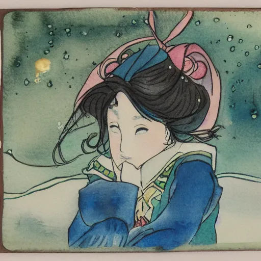 Prompt: winter the sailor jupiter watercolor bilibin thick linings