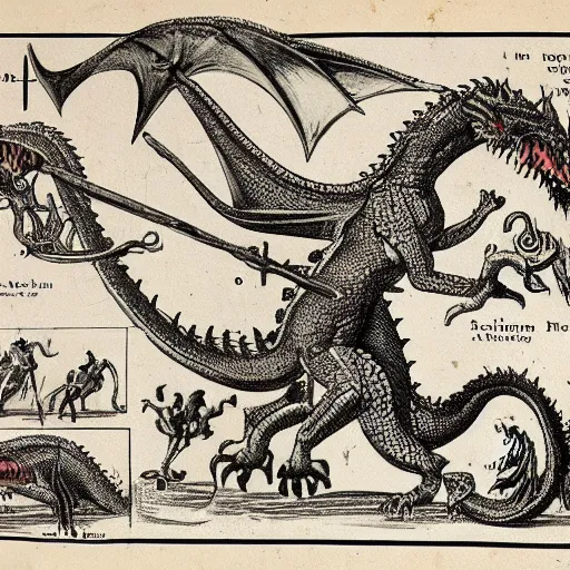 Image similar to an instruction diagram depicting how to slay a dragon, victorian science manual, highly detailed, 4k