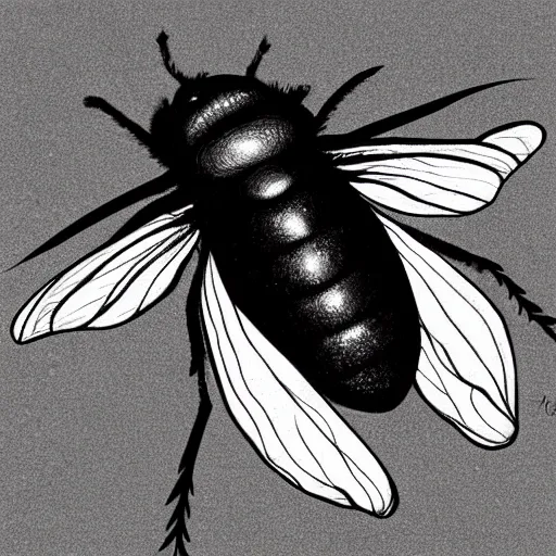 Image similar to house fly, black and white, botanical illustration, black ink on white paper, bold lines