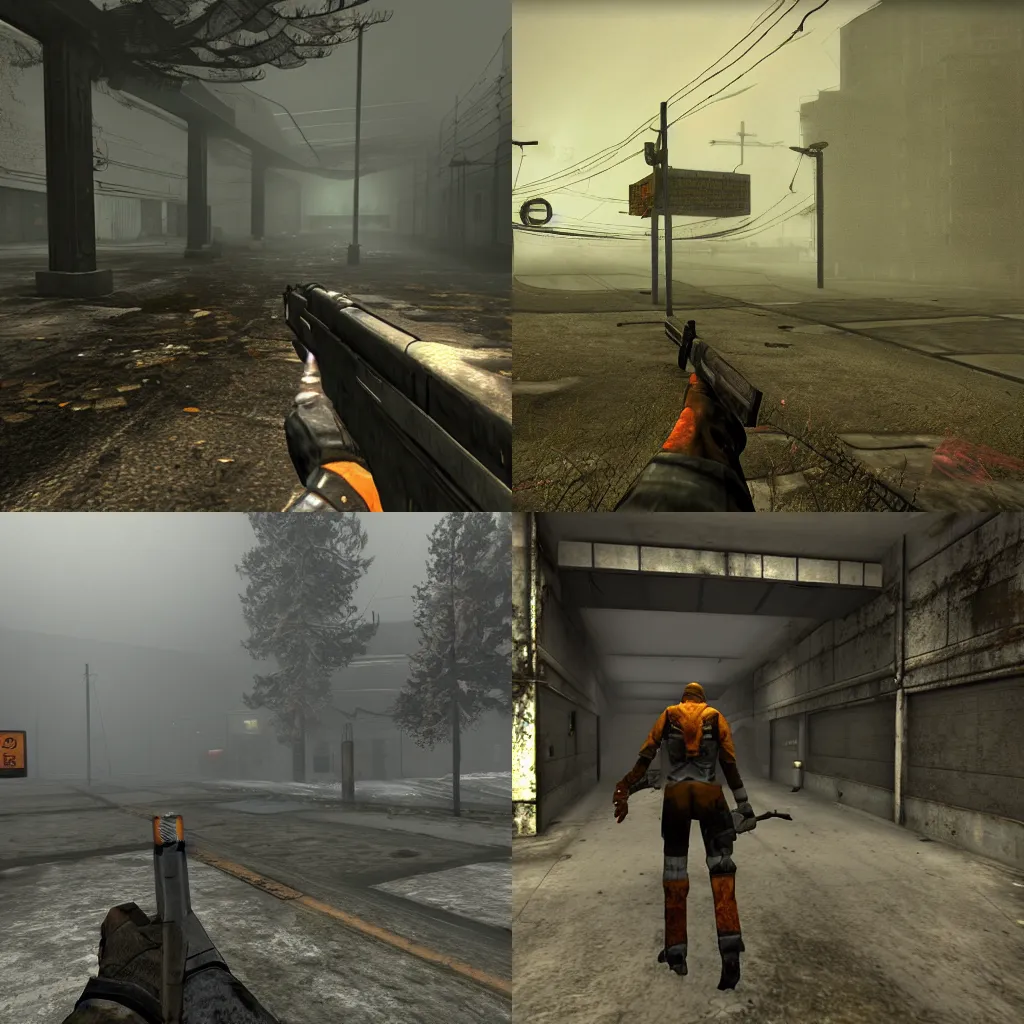 Prompt: Half Life 2 screenshot in Silent Hill