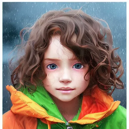 Prompt: a seven year old girl with short wavy curly light brown hair and blue eyes wearing a colorful raincoat in the rain. by artgerm and greg rutkowski and ilya kuvshinov