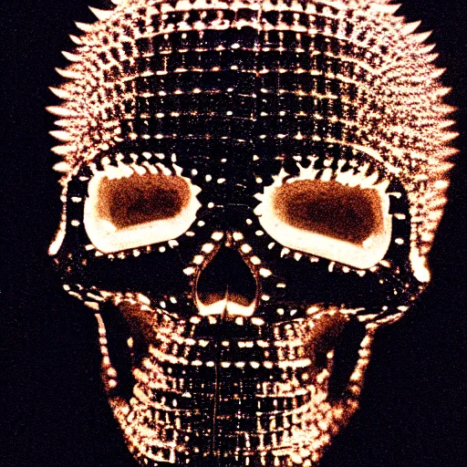 Image similar to a low poly disco skull full of long spikes, reflecting light in a nightclub, grainy film photograph