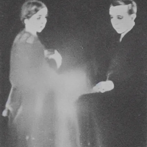 Prompt: creepy 1920 photo taken during a séance showing a spirit medium manifesting ectoplasm