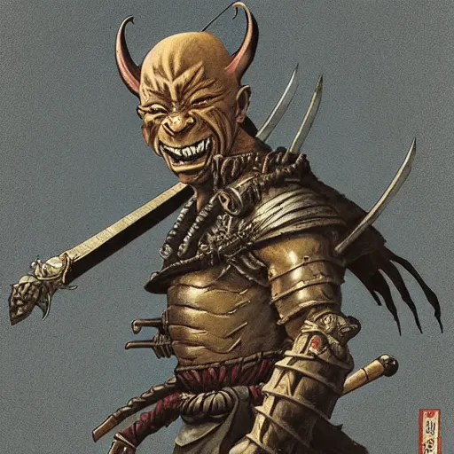 Prompt: quarter length portrait of a samurai hobgoblin, d & d, fantasy, greg rutkowski, frank frazetta, alexandre chaudret, boris vallejo, michael whelan, miro petrov, hr giger, magali villeneuve, donato giancola