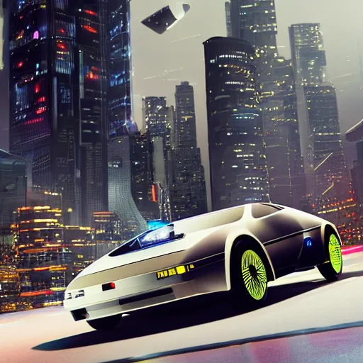 Image similar to a futuristic cyber city sharp photorealistic octane render, bokeh in the background only, a futuristic curvy delorean hover in the foreground, deep perspective