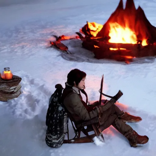 Image similar to a movie still from final fantasy live action, a traveler alone by the campfire in the snow