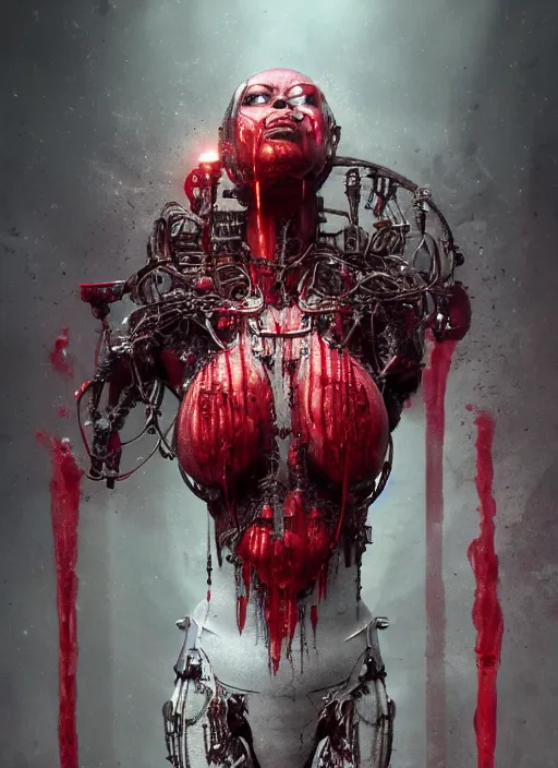 Prompt: cyborg goddess face, red liquid dripping from above, 8k details, high details, sinister vibe, dark room, many wires attached to her, rib cage exposed, bodies in the back, menacing look, octane render, hyper realistic by h.r. giger and peter mohrbacher