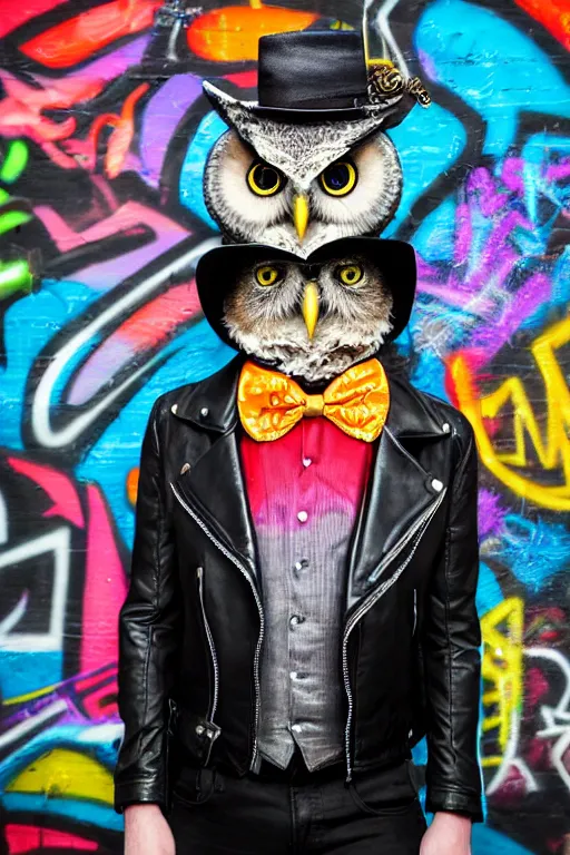 Prompt: one charming looking owl wearing black biker jacket, portrait photo, backlit, wall with colorful graffiti, studio photo, suit, bow tie, tophat, tophat