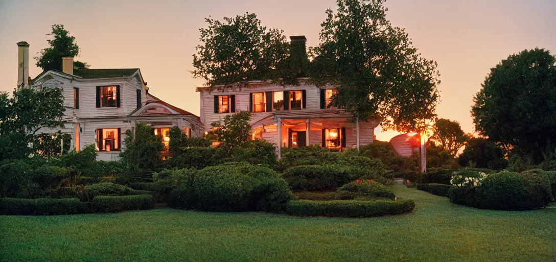 Prompt: american foursquare house designed by dali, david lynch, and cartier at sunset. cinematic. fujinon premista 1 9 - 4 5 mm t 2. 9. portra 8 0 0.