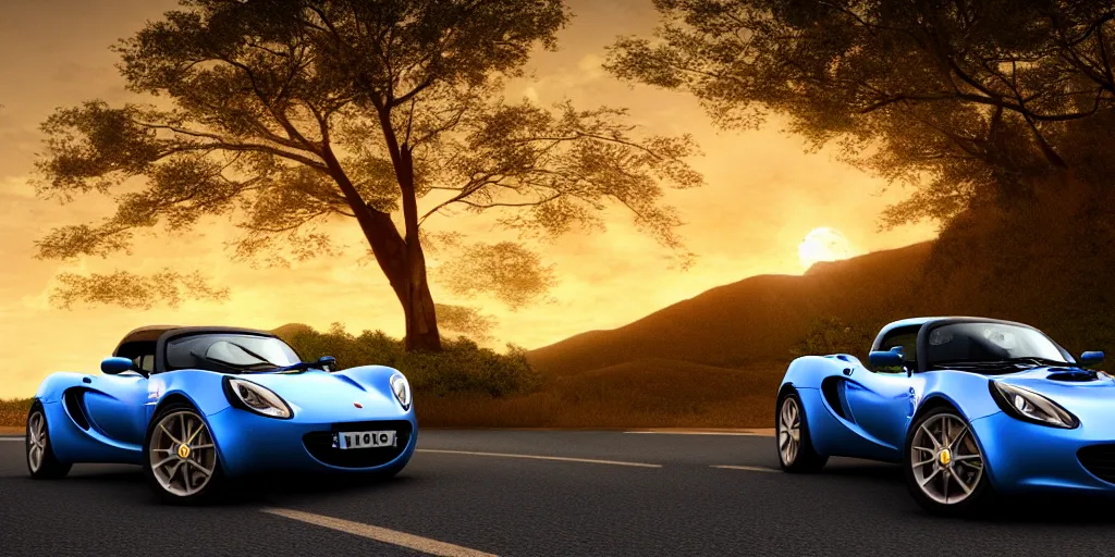 Prompt: blue lotus elise on a windy mountain road at sunset, ray tracing hdr render in unreal engine 5