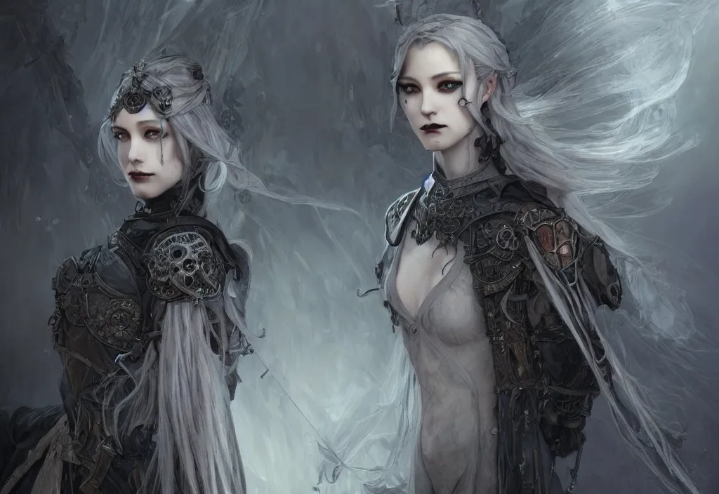 Image similar to beautiful and gothic and evil and dieselpunk young medieval light grey hair female knight + smoky eyes + front face with light flowing hair, ultradetail face, art and illustration by tian zi and craig mullins and wlop and alphonse mucha, fantasy, intricate complexity, human structure, human anatomy, fantasy character concept, watermark, blurry, hyperrealism 8 k